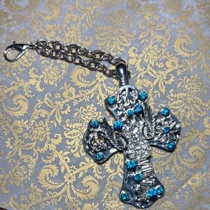 KB purse charm silver tone western inspired cowboy cross turquoise tone stones